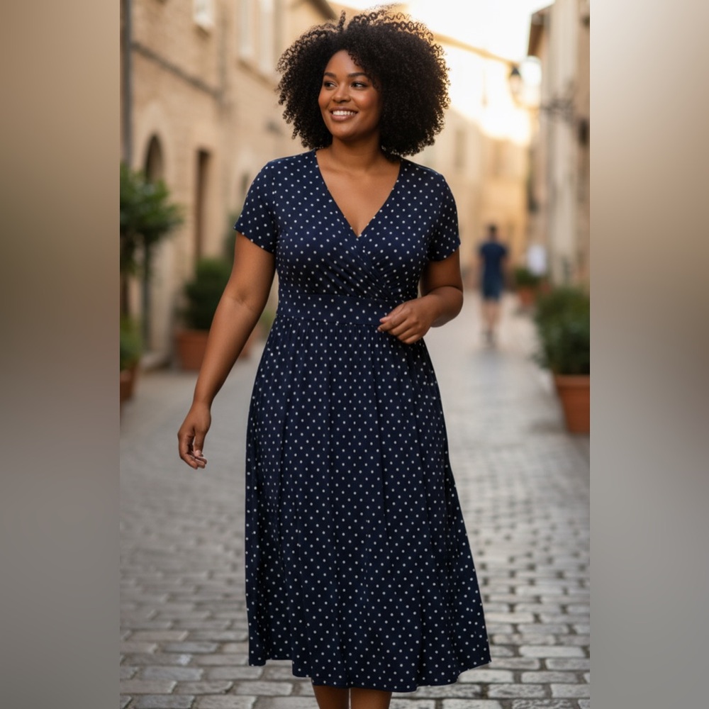 L.L. Bean Navy Blue Polka Dot Wrap Midi Dress - Picture 13 of 13